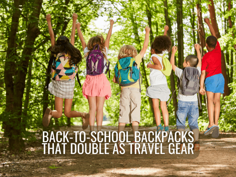 six kids wearing backpacks jumping in the air with their backs to us i a forested walkway. Title reads: Back-to-School Backpacks that Double as Travel Gear