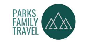 Parks Family Travel with a great line drawing of three mountain peaks over a green circle