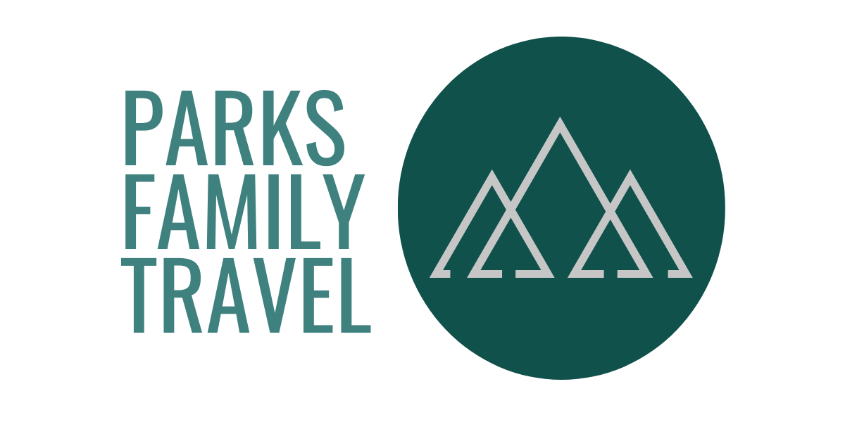 Parks Family Travel with a great line drawing of three mountain peaks over a green circle