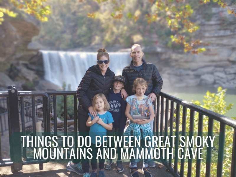 My family in front of Cumberland Falls, KY with the blog title "Things to Do between Great Smoky Mountains and Mammoth Cave"