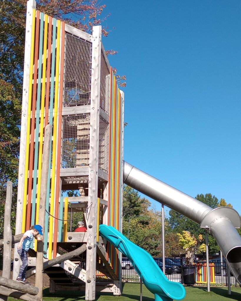 A full view of the tower play structure at Fort Kid playground in Knoxville