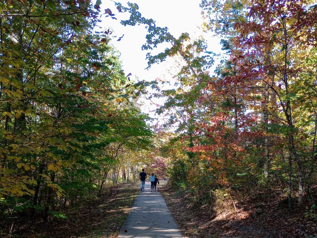 My family walking along the the Natural Arch Scenic Overlook Trail in Kentucky in October with fall leaves on the trees