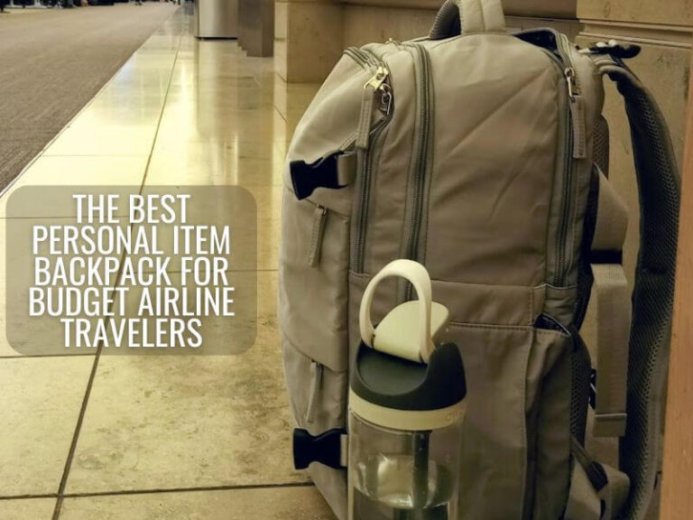 The title: The Best Personal Item Backpack for Budget Airline Travelers on the left of the picutre with my grey backpack sitting to the right.