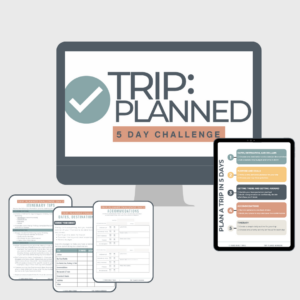 Mock up of the trip planning trip planning challenge with workbook pages and logo