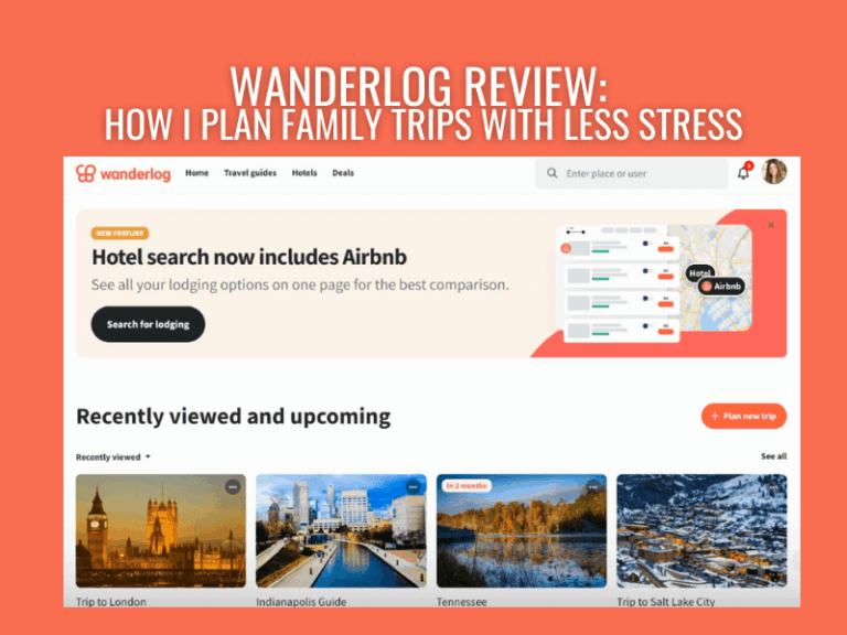 Screenshot of the Wanderlog homepage with the headline “Wanderlog Review: How I Plan Family Trips With Less Stress.” The page highlights a new feature integrating Airbnb into hotel search, and displays upcoming trips including London, Indianapolis, Tennessee, and Salt Lake City.