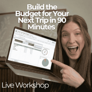 Picture of Meggie holing her laptop out so you can see her screen. She is Pointing to her free Family Budget Travel Tracker that will be used in the Trip Budget Planning Workshop.